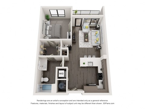 Floor plan for 1 bed, 1 bath, 719 sqft